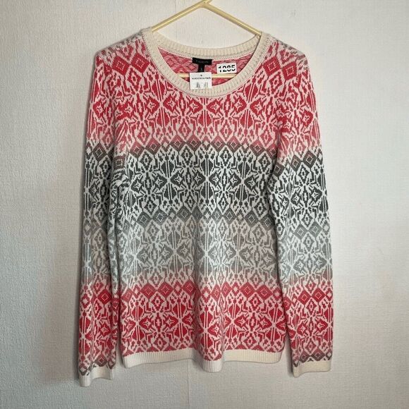 NWT Talbots Fair Isle Lambs Wool Blend Crewneck Sweater Women Size M Gray Coral - Picture 1 of 9
